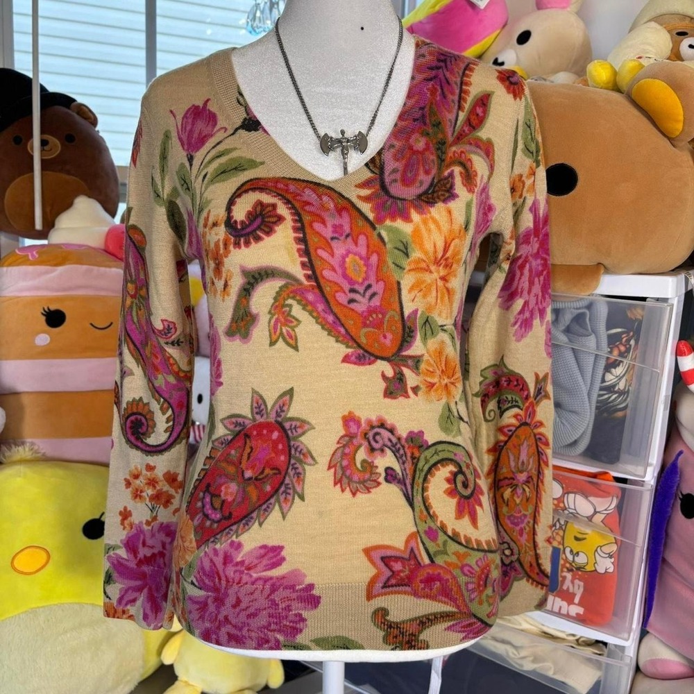 Vintage Pink & Purple Talbots Petite Fitted Long Sleeve Marino Wool Top